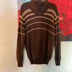 Northern Isles Premium Sweater Mens M  Brown Striped Shawl Neck Alpaca Blend